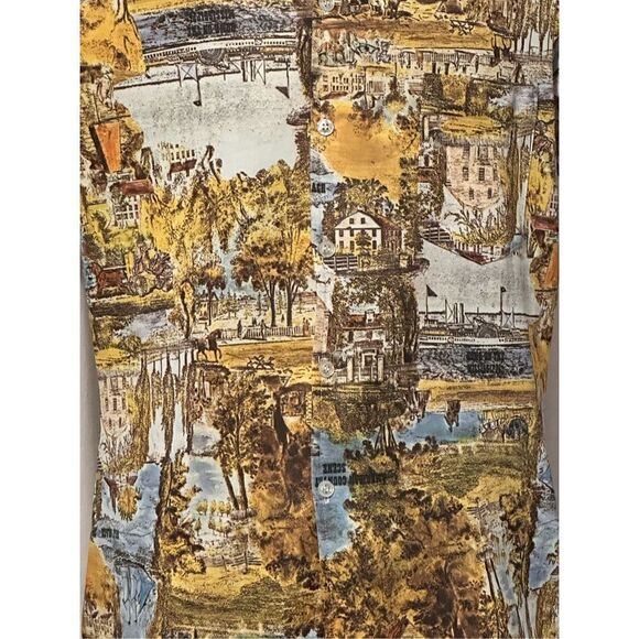 VINTAGE 70’s RARE AndHurst yellow & Blue medium Village Scenery Disco Print Shir - Picture 2 of 6
